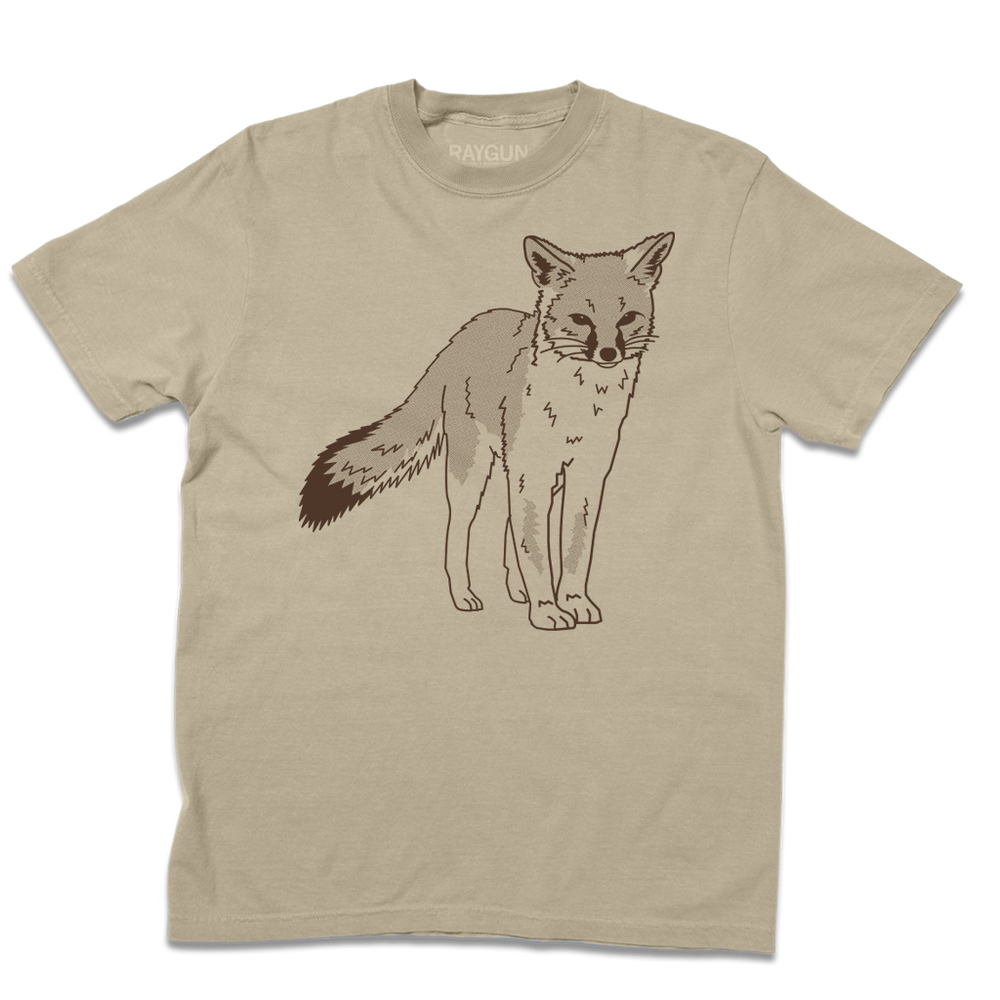 Khaki Comfort Colors t-shirt with an illustration of a grey fox in brown ink.