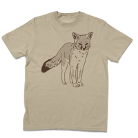 Khaki Comfort Colors t-shirt with an illustration of a grey fox in brown ink.