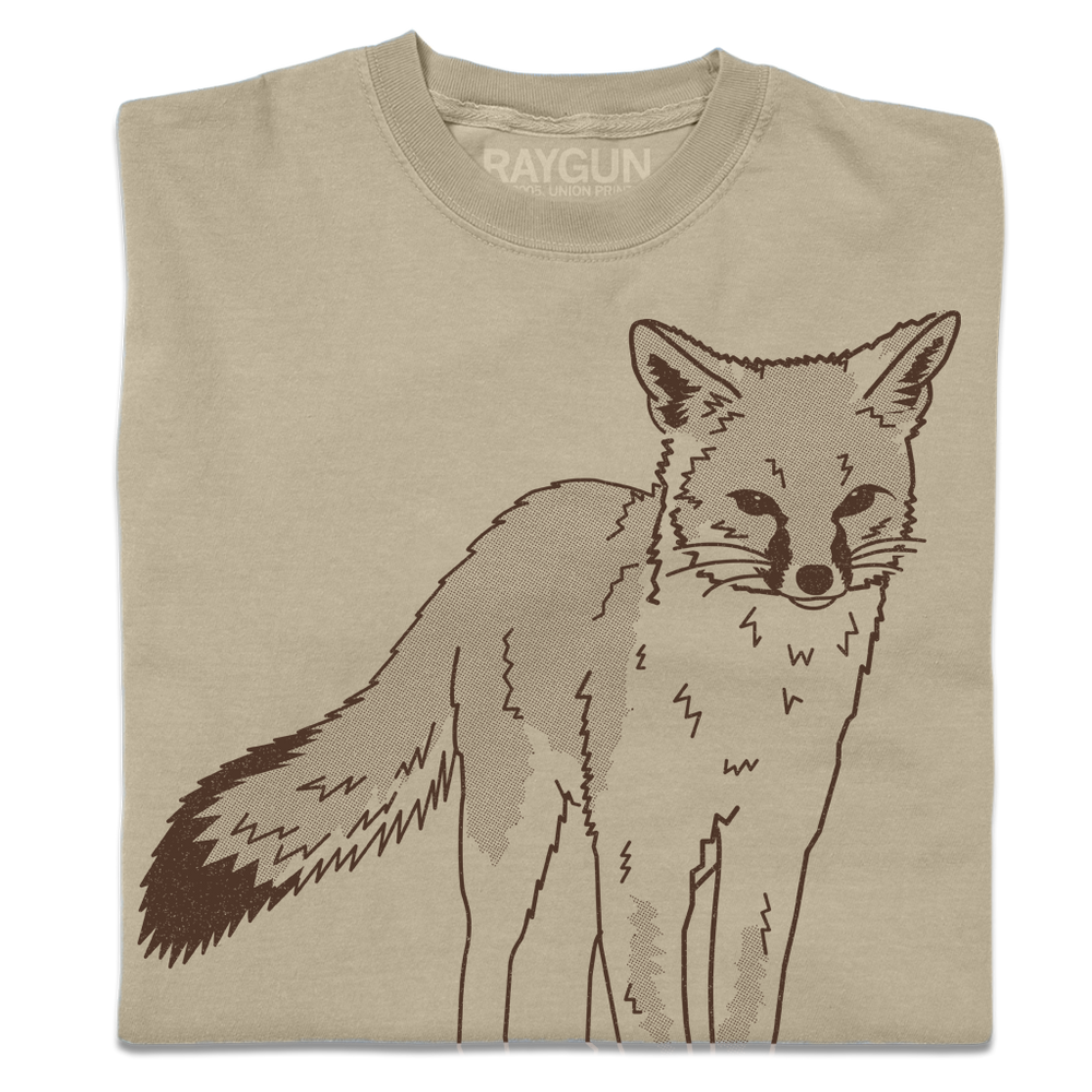 Khaki heavyweight shirt with an illustration of a grey fox in brown ink.