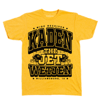 Mellow yellow shirt with black text that says, "Wide Receiver Kaden the Jet Wetjen. Willamsburg, IA" over an illustration of a football field and two footballs helmets facing either side with the number 21 on them.