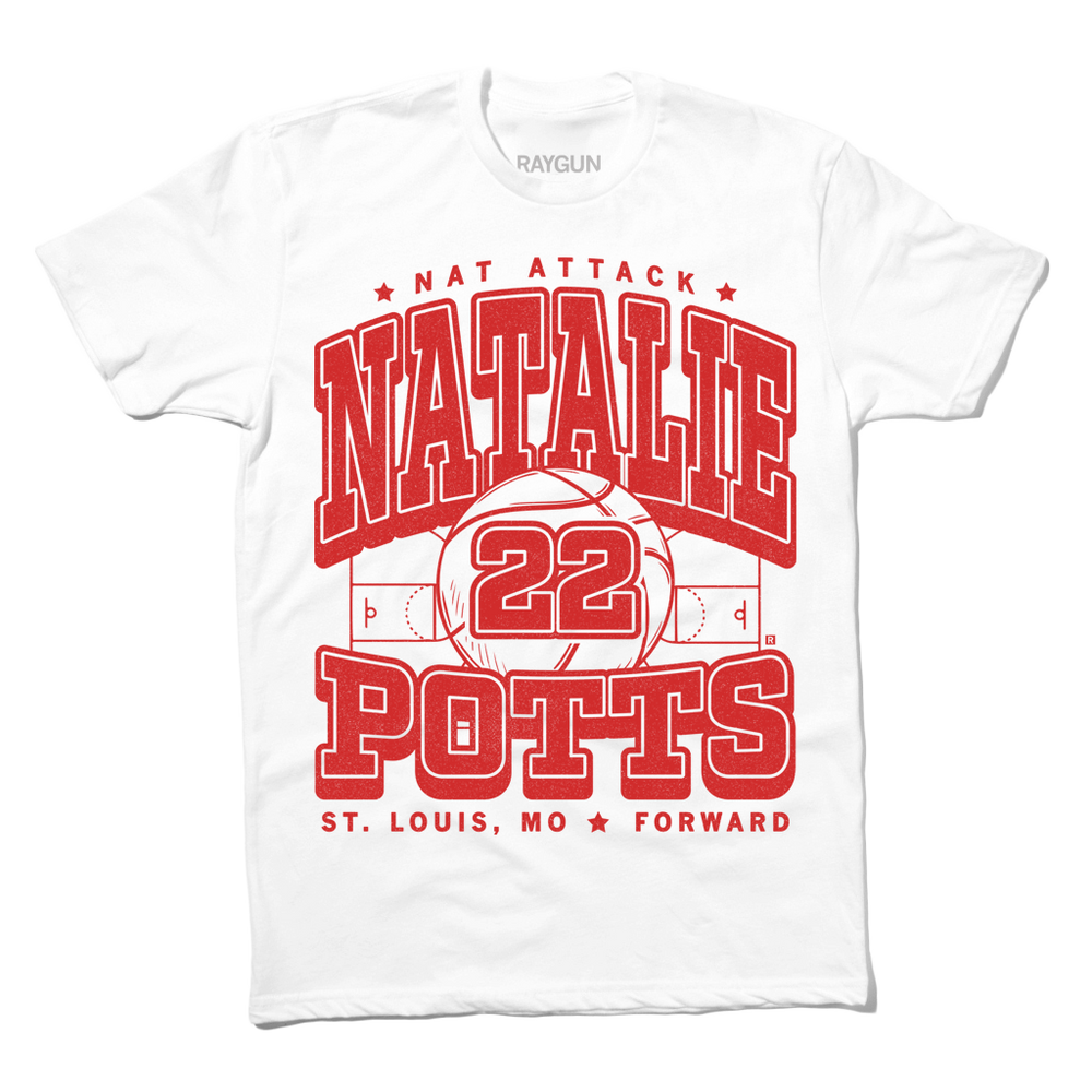 White t-shirt with bright red ink that says, "Nat Attack" above "Natallie Potts 22" in large text." At the bottom it reads "St. Louis MO * Forward" and all of the text is above a volleyball court.