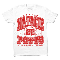 White t-shirt with bright red ink that says, "Nat Attack" above "Natallie Potts 22" in large text." At the bottom it reads "St. Louis MO * Forward" and all of the text is above a volleyball court.