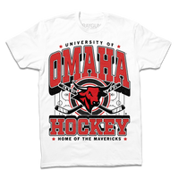 A flat white shirt with red and black ink that says, "University of Omaha Hockey. Home of the Mavericks" with the university's bull mascot logo over a pair of crossing hockey sticks and an ice rink.