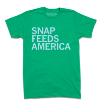 Heather Kelly Green shirt with ice blue text that reads "Snap feeds America"