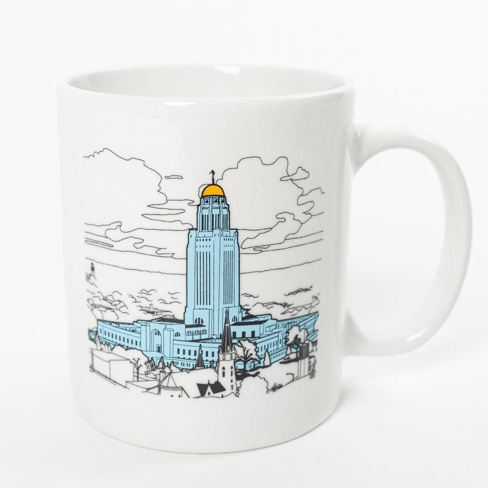 Nebraska Capitol Mug Coffee Mugs Drink Beverage Glassware Raygun Print State City Omaha Building blue black white yellow midwest print