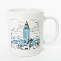 Nebraska Capitol Mug Coffee Mugs Drink Beverage Glassware Raygun Print State City Omaha Building blue black white yellow midwest print