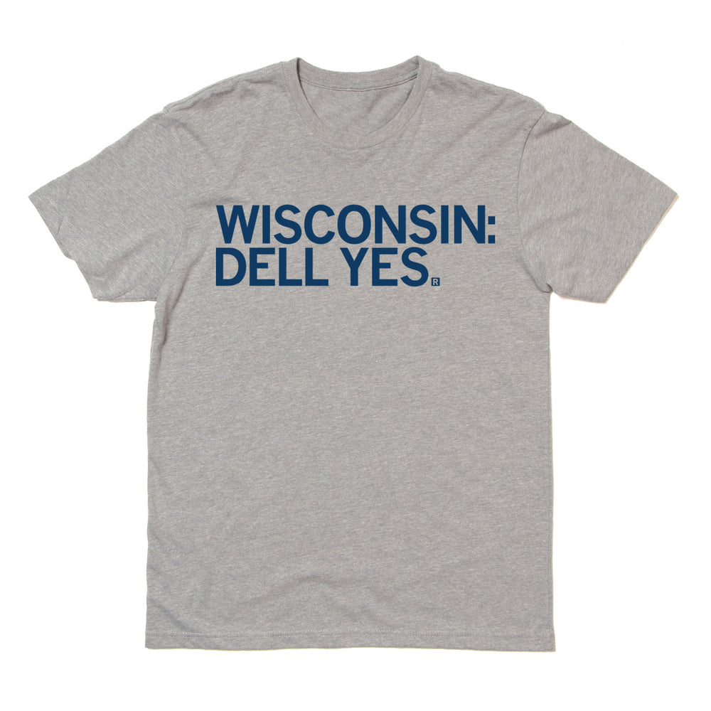 Wisconsin Dell Yes Milwaukee Midwest State Raygun T-Shirt Standard Unisex Snug Dark Heather Grey Navy