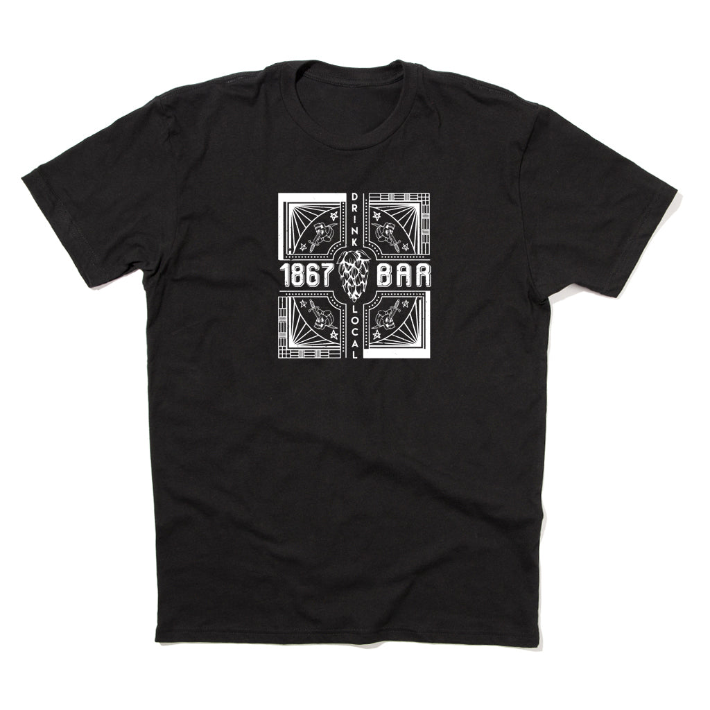 Black union made t-shirt featuring a white rectangular graphic that reads 1867, BAR, and vertically DRINK LOCAL surrounding a hop illustration.