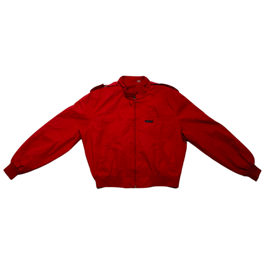 Red Members Only zip-up windbreaker jacket featuring a collar and shoulder epaulets.