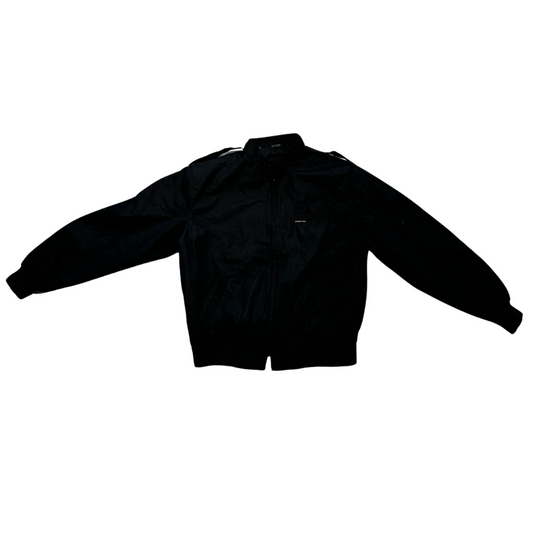 Black Members Only jacket with a zip-up front and shoulder epaulets.