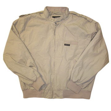 Large, light gray Members Only bomber jacket with a front zipper, snap-button collar, and ribbed cuffs and hem.