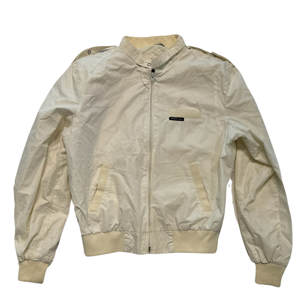 Off-white Members Only zip-up jacket featuring epaulets, rib-knit cuffs, and a small chest pocket.