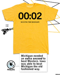 Promo image featuring the yellow version of the shirt with RAYGUN's dog mascot, Pancake, commenting below "Michigan needed an extra second to beat Western. Iowa was able to beat Michigan the old fashioned way."