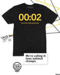 Promo image featuring the black version of this shirt with Gary The Cat saying, "We're calling it: Iowa national champs." at the bottom.