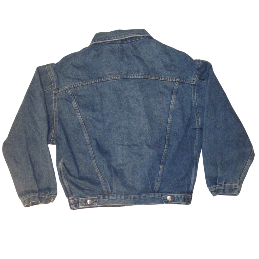 Back view of an ethically sourced vintage denim jacket.