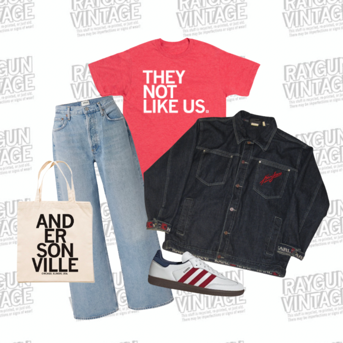 A red t-shirt printed with THEY NOT LIKE US, blue jeans, a vintage Kanijeans jacket, a white canvas tote bag labeled ANDERSONVILLE, and a white and red Adidas sneaker arranged on a branded background.