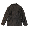 Back view of a vintage Outbrook black leather blazer with long sleeves.