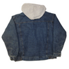 Back view of an XL Vintage Todays News medium wash denim jacket with an attached light gray hood.