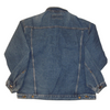 Back view of an ethically sourced vintage blue denim jacket with a button-up hem and cuffs.