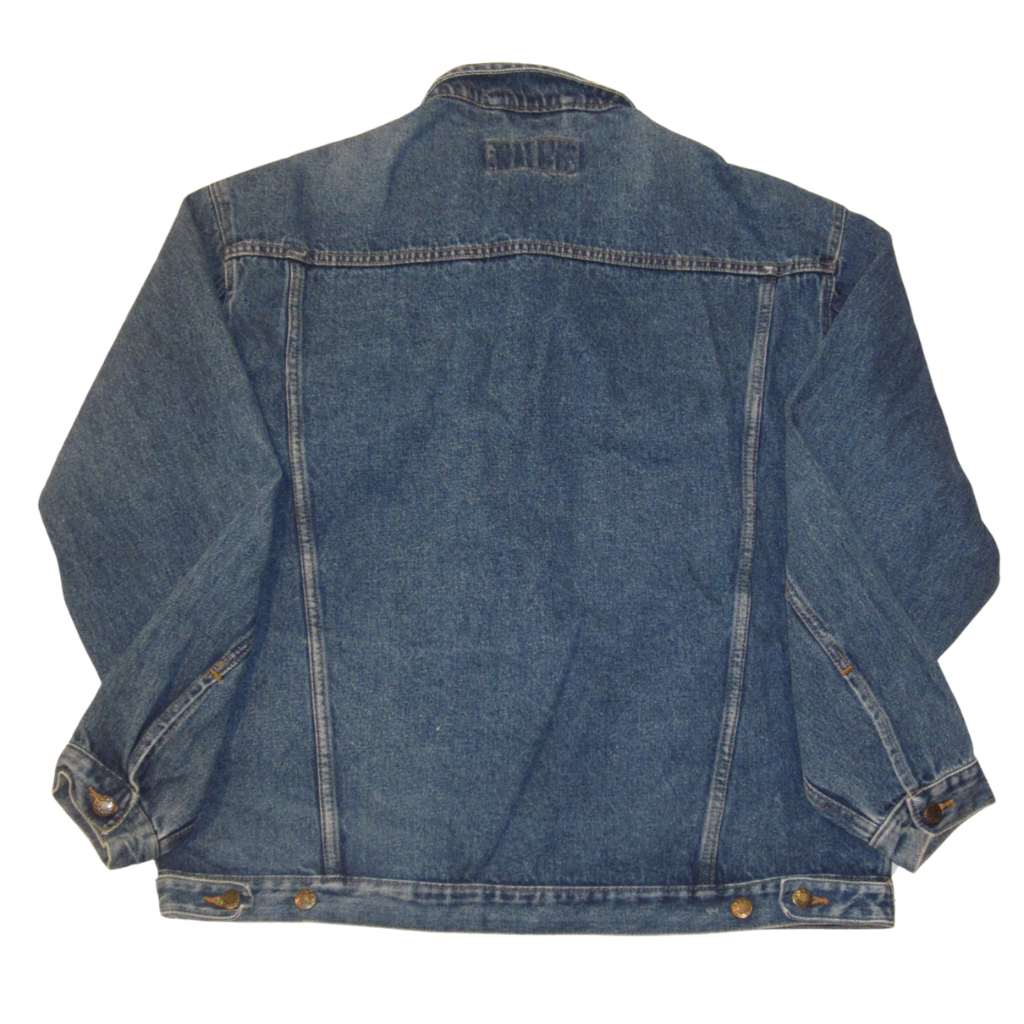 Back view of an ethically sourced vintage blue denim jacket with a button-up hem and cuffs.