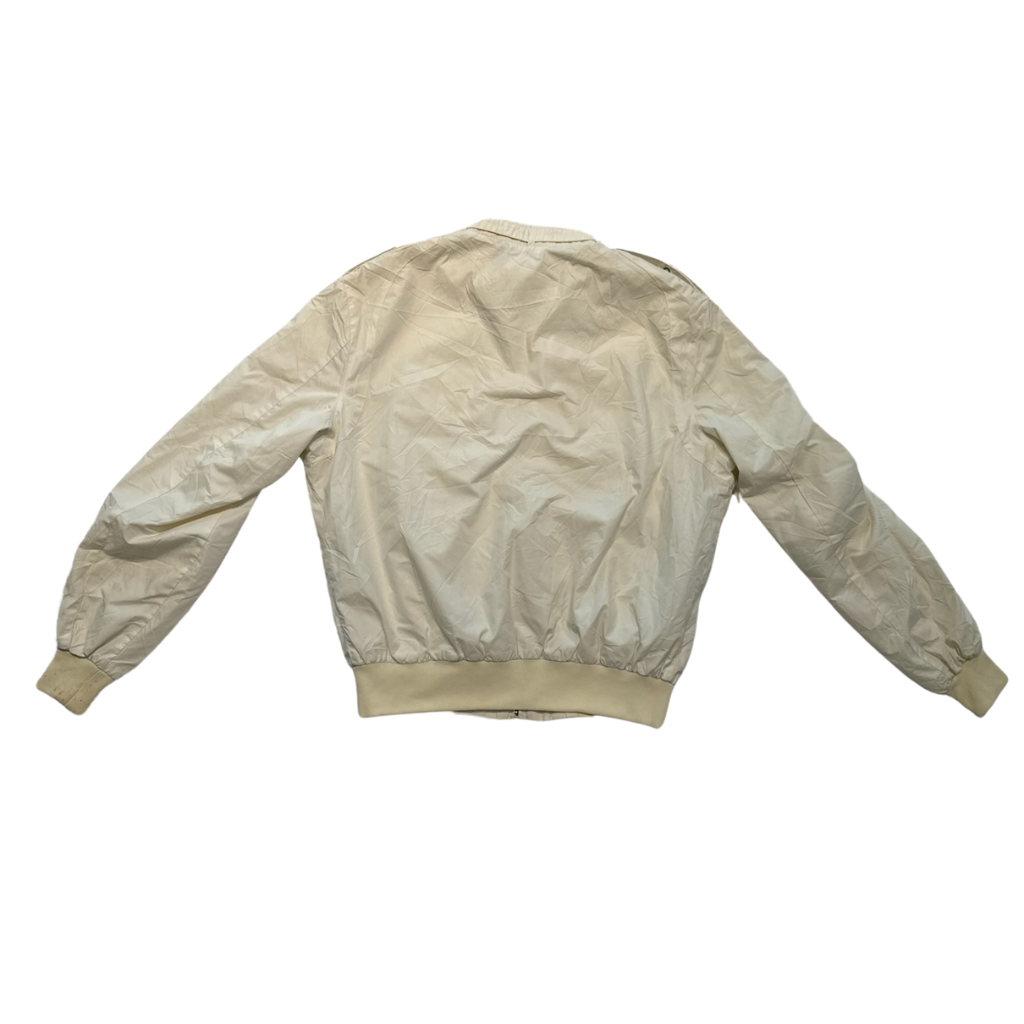 Back view of an ethically sourced, cream-colored lightweight bomber jacket with ribbed cuffs and hem.
