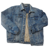 Dark wash denim jacket featuring a quilted tan lining and metal button closures.