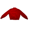 Back view of a small red bomber-style jacket with a collar and ribbed cuffs and hem.