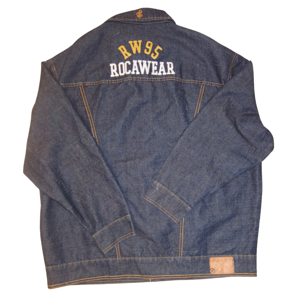 Vintage Rocawear dark denim jacket with RW95 and ROCAWEAR embroidered on the back.