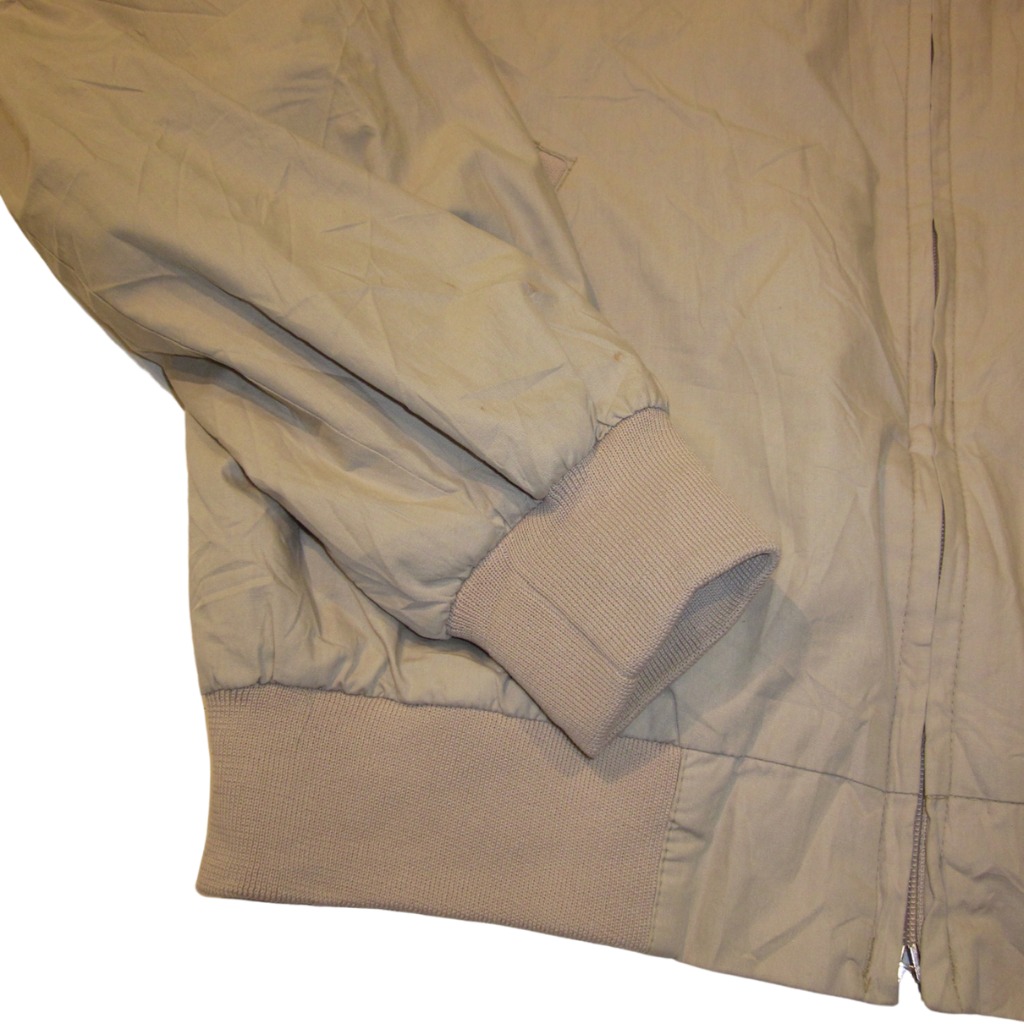 Large, ethically sourced beige zippered windbreaker jacket with ribbed cuffs and hem.