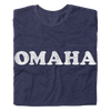 Vintage true navy T-shirt with the word OMAHA printed in distressed white text across the chest.