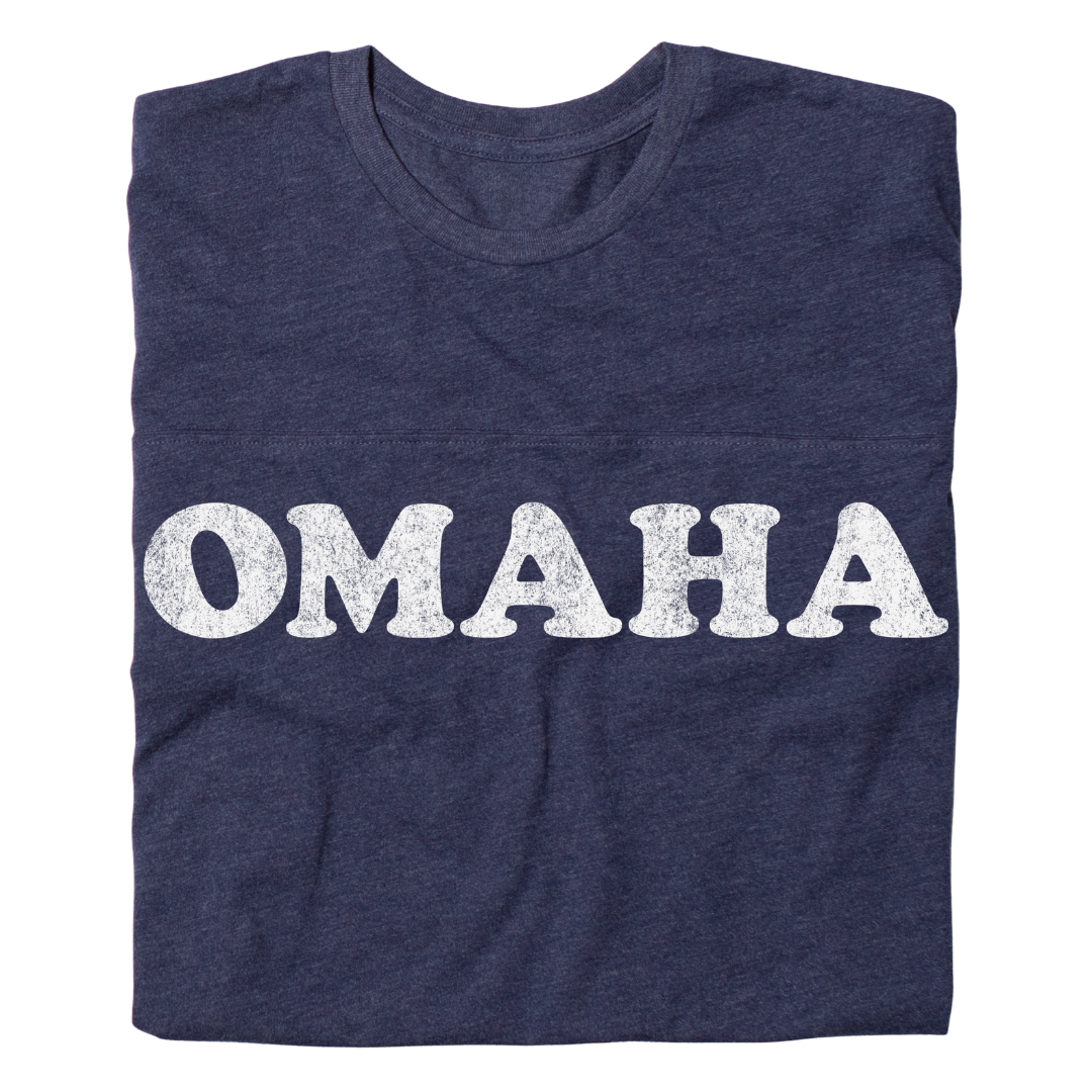 Vintage true navy T-shirt with the word OMAHA printed in distressed white text across the chest.