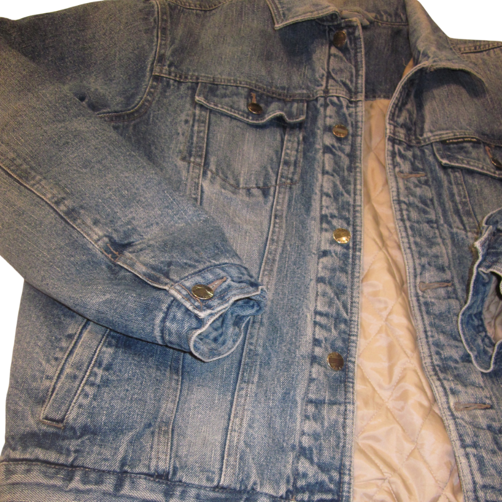 Dark wash denim jacket with a button-up front and a quilted beige lining.