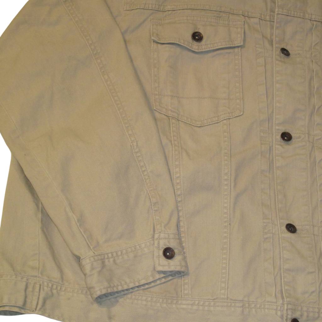 3XL vintage tan denim jacket featuring a button-down front, chest pocket, and buttoned cuffs.