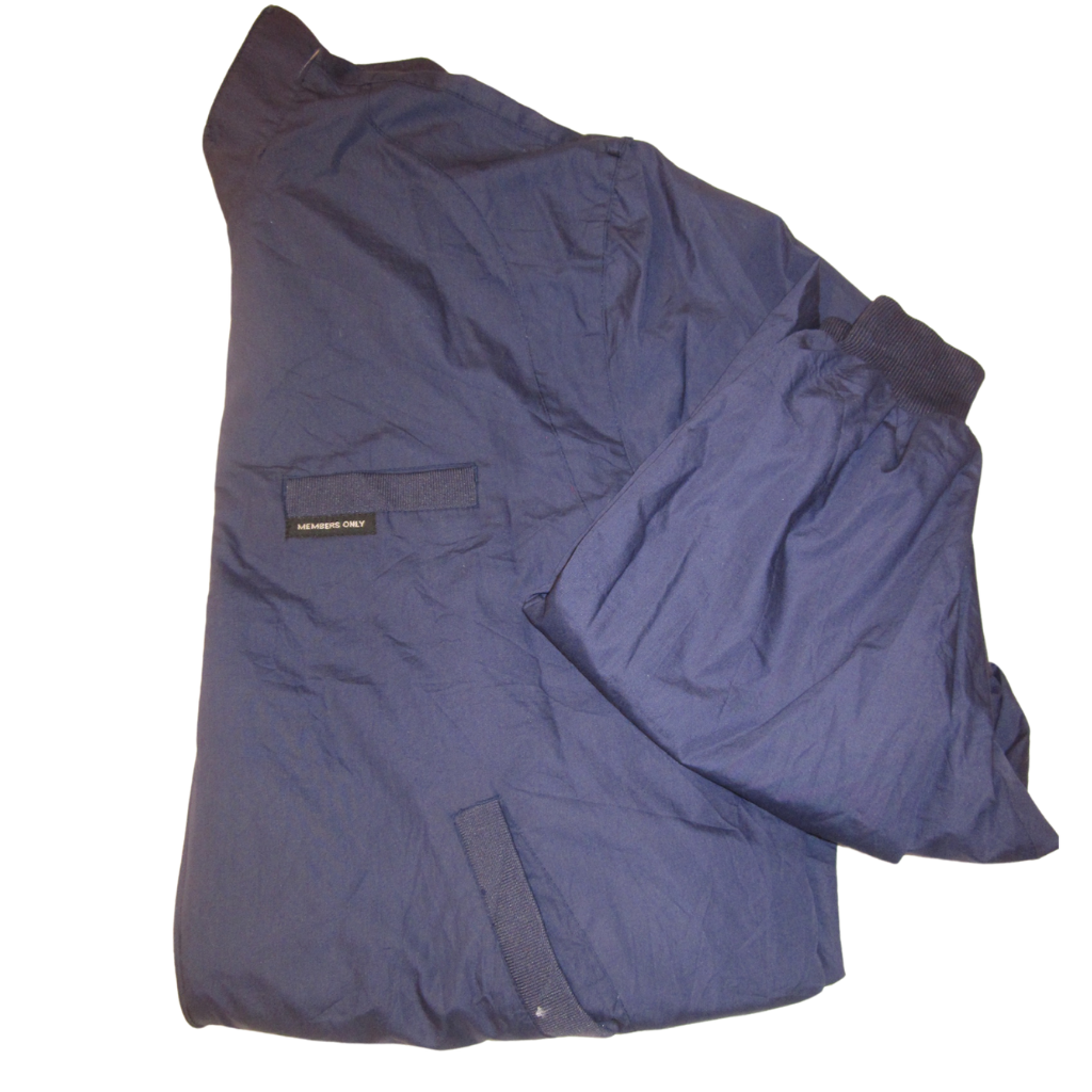 An XL navy blue Members Only jacket folded on a white background.