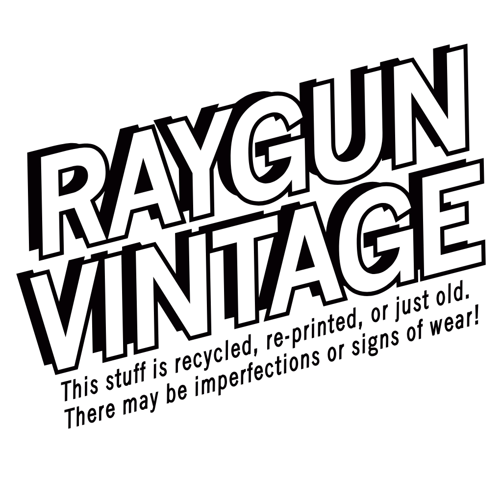 Logo for Raygun Vintage, noting items are recycled, re-printed, or old and may show signs of wear, such as on an ethically sourced 3xl vintage denim jacket.