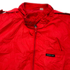 Red Members Only jacket featuring a zipper closure and a snap-button collar.