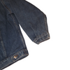 Dark blue vintage sportswear denim jacket sleeve and lower hem with a silver button.