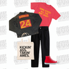 An outfit featuring a red t-shirt reading Iowa State: All the way legit, a vintage denim jacket with Sama III 24 on the back, black jeans, red high-top sneakers, and a tote bag reading Kickin ass, takin Ames.