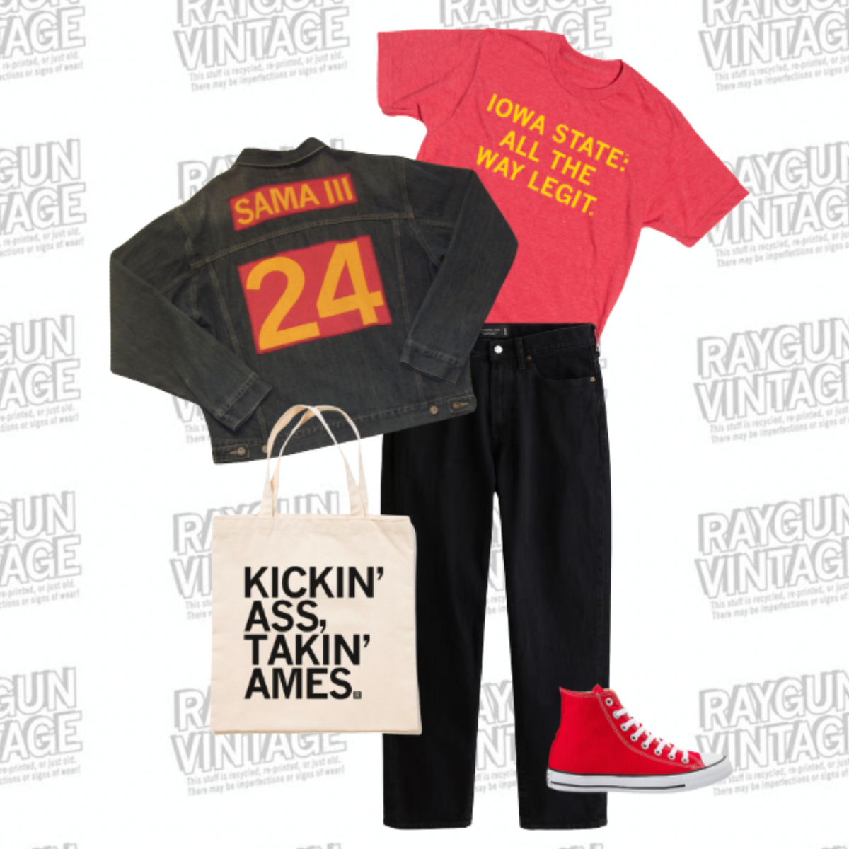 An outfit featuring a red t-shirt reading Iowa State: All the way legit, a vintage denim jacket with Sama III 24 on the back, black jeans, red high-top sneakers, and a tote bag reading Kickin ass, takin Ames.