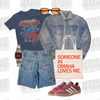 An outfit featuring a Spider-Man t-shirt, a vintage camargue denim jacket, denim shorts, sneakers, a digital watch, sunglasses, and a tote bag that reads, Someone in Omaha loves me.