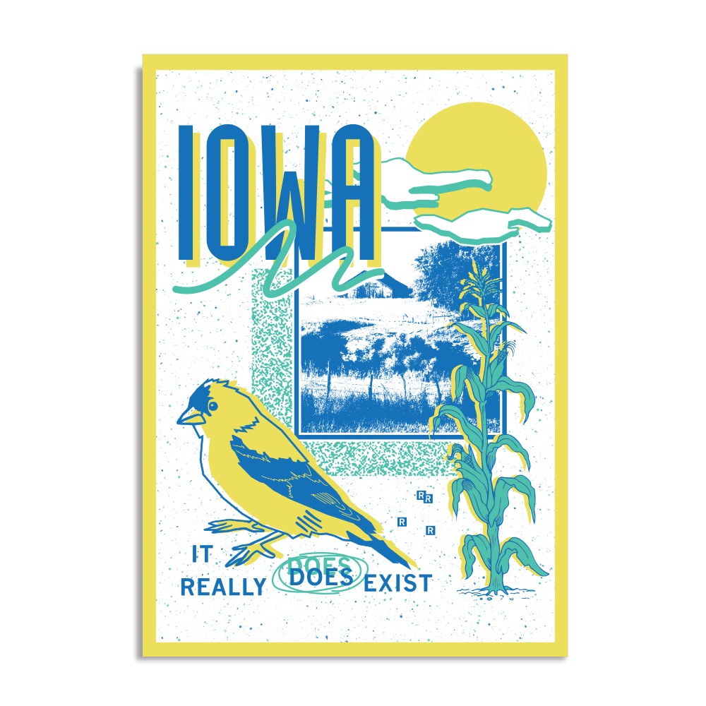 A white postcard with a yellow border in a retro 90's style with a black print image of a farm. Blue text  across the tops says, "Iowa" with more below that reads, "It Really Does Exist." There's also a yellow bird, teal corn, teal squiggles, and more colorful accents.