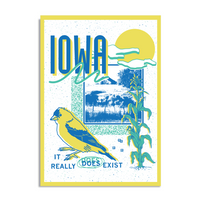 A white postcard with a yellow border in a retro 90's style with a black print image of a farm. Blue text  across the tops says, "Iowa" with more below that reads, "It Really Does Exist." There's also a yellow bird, teal corn, teal squiggles, and more colorful accents.