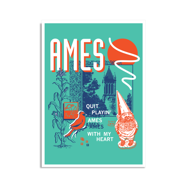 A teal postcard with a white border in a retro 90's style with a navy print image the campanile in Ames. White & orange text in the top left says, 