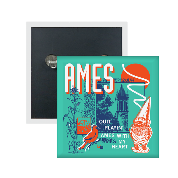A teal square button in a retro 90's style with a navy print image the campanile in Ames. White & orange text in the top left says, 