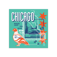 A teal square sticker in a retro 90's style with a navy print image of the the Cloud Gate statue in Chicago. Orange & white text at the top says, "Chicago" with white & blue text to the left that reads "Where Have You Bean All My Life?" There's also an orange & white pigeon, a white map of the L Train, orange Chicago flag stars, and other accents.