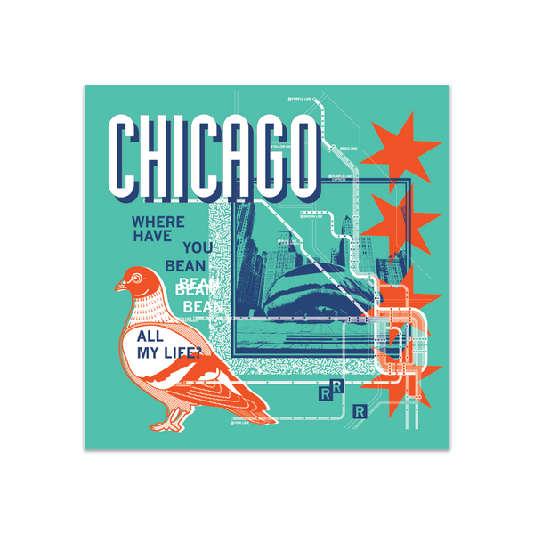 A teal square sticker in a retro 90's style with a navy print image of the the Cloud Gate statue in Chicago. Orange & white text at the top says, 