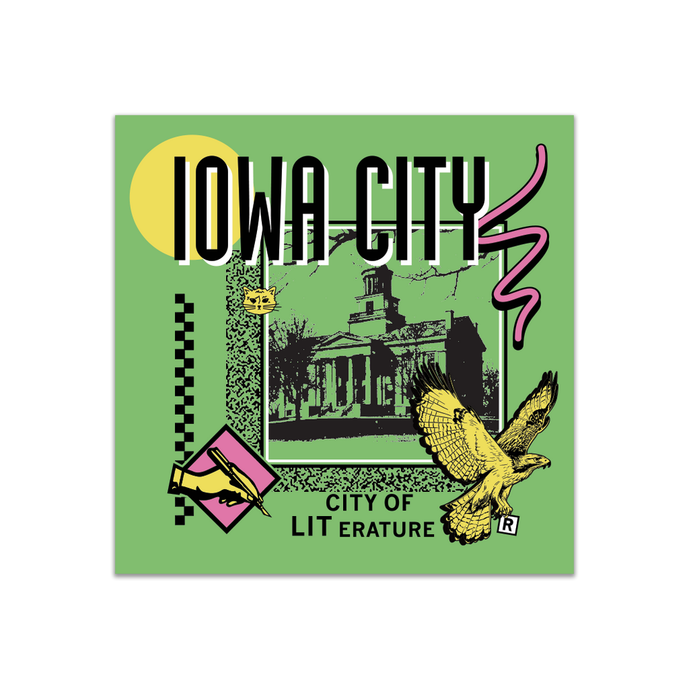 A green square sticker in a retro 90's style with a black print image of the old Iowa Capitol building in Iowa City. Black text  across the tops says, "Iowa City" with more below that reads, "City of LITerature." There's also a pink squiggle, yellow hawk, yellow cat face, and more colorful accent doodles.