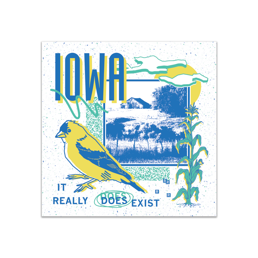 A white square sticker in a retro 90's style with a black print image of a farm. Blue text  across the tops says, "Iowa" with more below that reads, "It Really Does Exist." There's also a yellow bird, teal corn, teal squiggles, and more colorful accents.