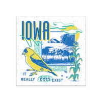 A white square sticker in a retro 90's style with a black print image of a farm. Blue text  across the tops says, "Iowa" with more below that reads, "It Really Does Exist." There's also a yellow bird, teal corn, teal squiggles, and more colorful accents.