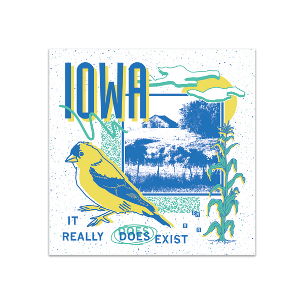 A white square sticker in a retro 90's style with a black print image of a farm. Blue text  across the tops says, 